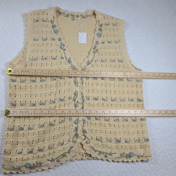 Vintage Yellow crochet open knit sweater vest floral women's grandmacore retro - Picture 6 of 7